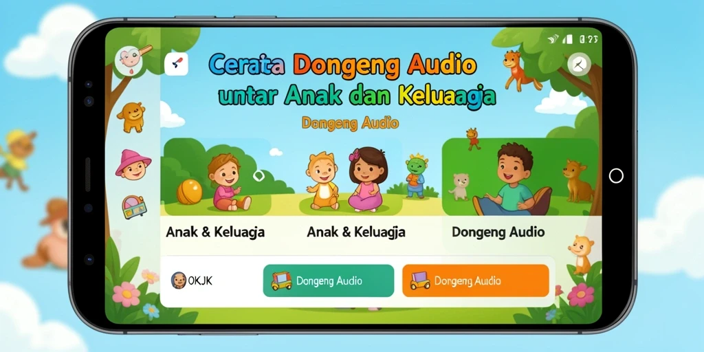 Antarmuka aplikasi OKJK dengan pilihan dongeng audio yang menarik.
